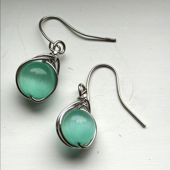 Seafoam Glass Orb Drop Earrings, Minimalist Wire Wrap with Keepsake Pouch - Picture 3 of 7